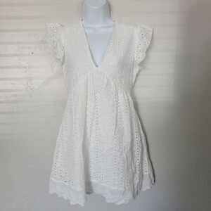 Version Feminin Women's Small White Eyelet Mini Dress V-neck Girly Summer Boho